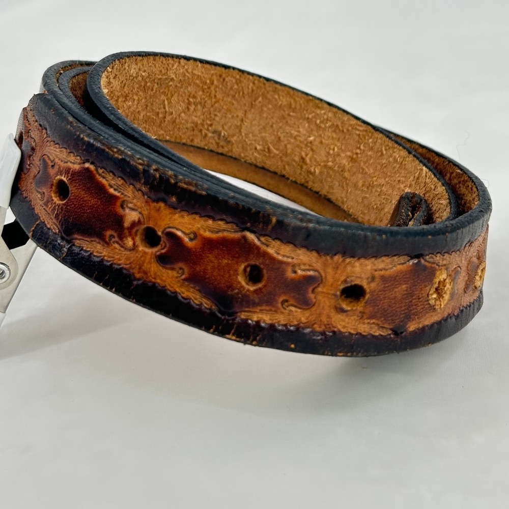 Vtg Tooled Leather Belt Brown Medallian Design Boho Western 41" Long No Buckle